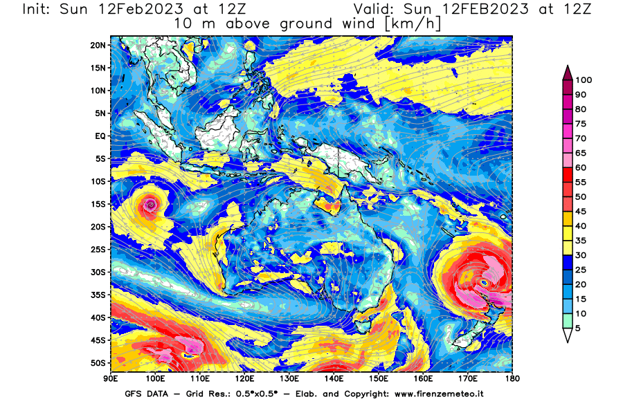 Mappa di analisi GFS - Velocità del vento a 10 metri dal suolo [km/h] in Oceania
							del 12/02/2023 12 <!--googleoff: index-->UTC<!--googleon: index-->
