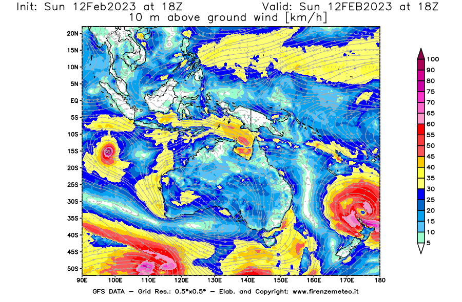 Mappa di analisi GFS - Velocità del vento a 10 metri dal suolo [km/h] in Oceania
							del 12/02/2023 18 <!--googleoff: index-->UTC<!--googleon: index-->