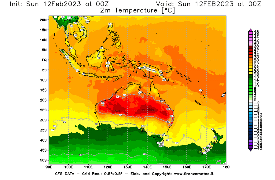 Mappa di analisi GFS - Temperatura a 2 metri dal suolo [°C] in Oceania
							del 12/02/2023 00 <!--googleoff: index-->UTC<!--googleon: index-->