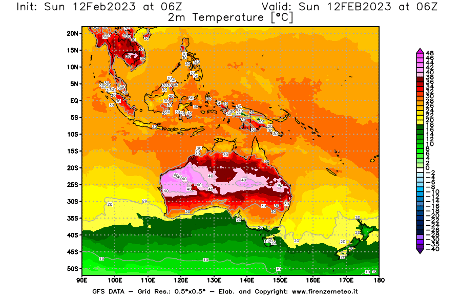 Mappa di analisi GFS - Temperatura a 2 metri dal suolo [°C] in Oceania
							del 12/02/2023 06 <!--googleoff: index-->UTC<!--googleon: index-->