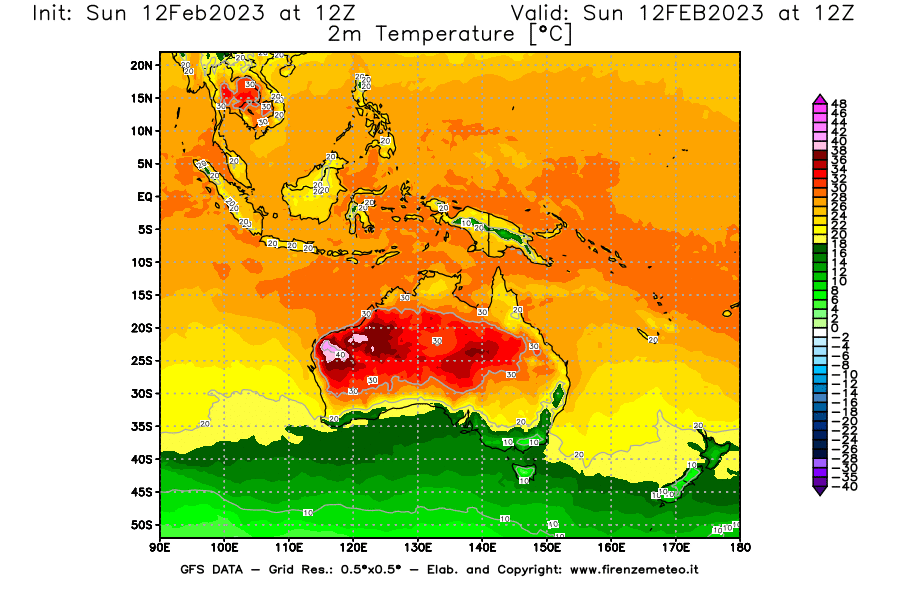 Mappa di analisi GFS - Temperatura a 2 metri dal suolo [°C] in Oceania
							del 12/02/2023 12 <!--googleoff: index-->UTC<!--googleon: index-->
