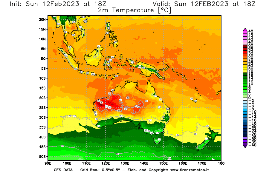 Mappa di analisi GFS - Temperatura a 2 metri dal suolo [°C] in Oceania
							del 12/02/2023 18 <!--googleoff: index-->UTC<!--googleon: index-->