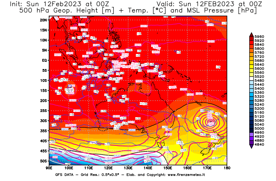 Mappa di analisi GFS - Geopotenziale [m] + Temp. [°C] a 500 hPa + Press. a livello del mare [hPa] in Oceania
							del 12/02/2023 00 <!--googleoff: index-->UTC<!--googleon: index-->