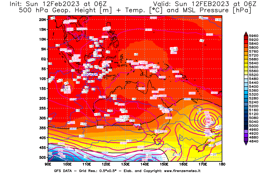 Mappa di analisi GFS - Geopotenziale [m] + Temp. [°C] a 500 hPa + Press. a livello del mare [hPa] in Oceania
							del 12/02/2023 06 <!--googleoff: index-->UTC<!--googleon: index-->