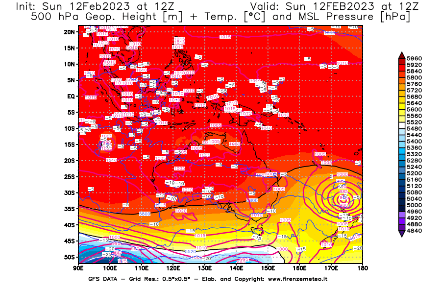 Mappa di analisi GFS - Geopotenziale [m] + Temp. [°C] a 500 hPa + Press. a livello del mare [hPa] in Oceania
							del 12/02/2023 12 <!--googleoff: index-->UTC<!--googleon: index-->