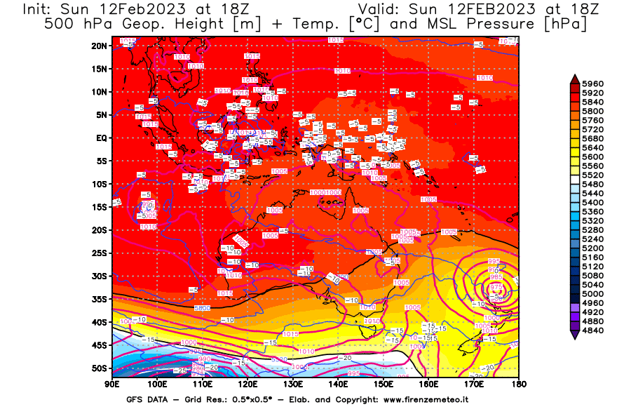 Mappa di analisi GFS - Geopotenziale [m] + Temp. [°C] a 500 hPa + Press. a livello del mare [hPa] in Oceania
							del 12/02/2023 18 <!--googleoff: index-->UTC<!--googleon: index-->