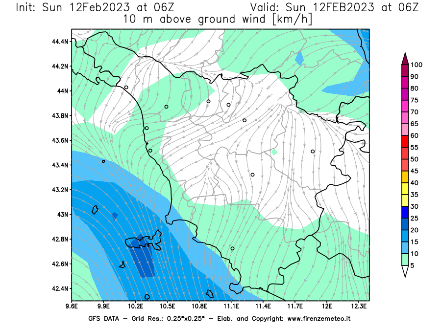 Mappa di analisi GFS - Velocità del vento a 10 metri dal suolo [km/h] in Toscana
							del 12/02/2023 06 <!--googleoff: index-->UTC<!--googleon: index-->