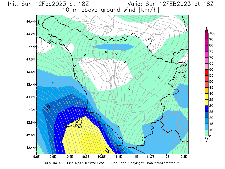 Mappa di analisi GFS - Velocità del vento a 10 metri dal suolo [km/h] in Toscana
							del 12/02/2023 18 <!--googleoff: index-->UTC<!--googleon: index-->
