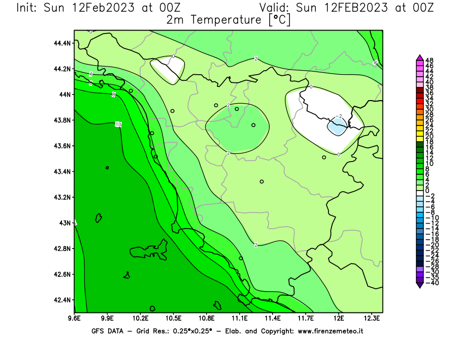 Mappa di analisi GFS - Temperatura a 2 metri dal suolo [°C] in Toscana
							del 12/02/2023 00 <!--googleoff: index-->UTC<!--googleon: index-->
