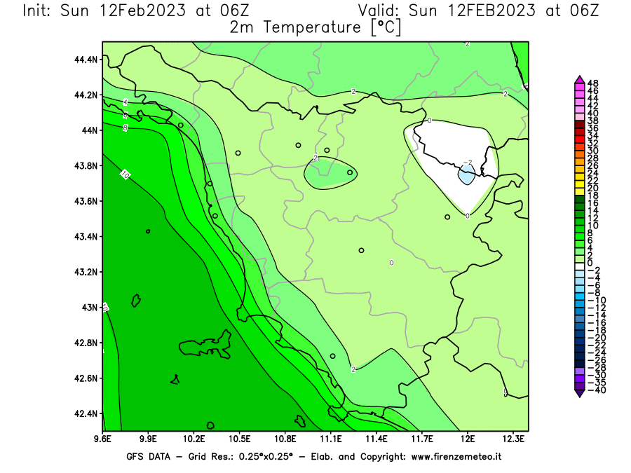 Mappa di analisi GFS - Temperatura a 2 metri dal suolo [°C] in Toscana
							del 12/02/2023 06 <!--googleoff: index-->UTC<!--googleon: index-->