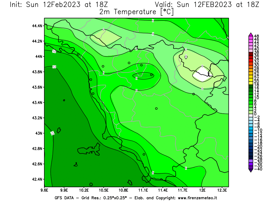 Mappa di analisi GFS - Temperatura a 2 metri dal suolo [°C] in Toscana
							del 12/02/2023 18 <!--googleoff: index-->UTC<!--googleon: index-->