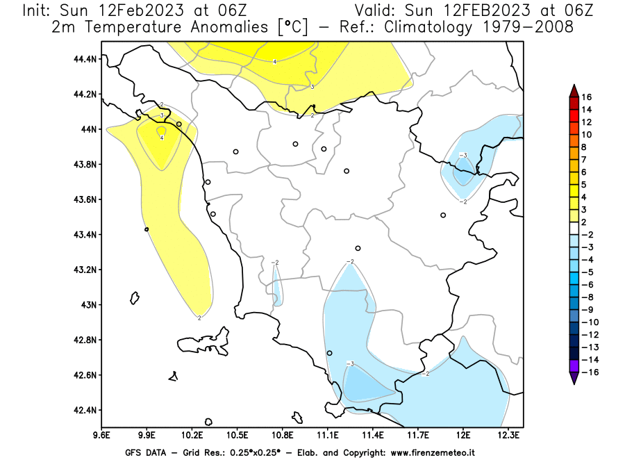 Mappa di analisi GFS - Anomalia Temperatura [°C] a 2 m in Toscana
							del 12/02/2023 06 <!--googleoff: index-->UTC<!--googleon: index-->