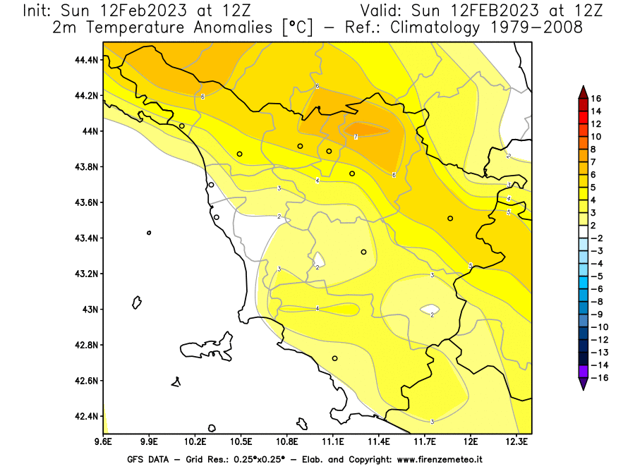 Mappa di analisi GFS - Anomalia Temperatura [°C] a 2 m in Toscana
							del 12/02/2023 12 <!--googleoff: index-->UTC<!--googleon: index-->