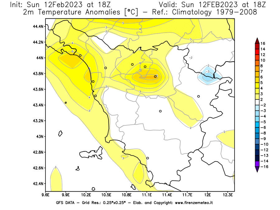 Mappa di analisi GFS - Anomalia Temperatura [°C] a 2 m in Toscana
							del 12/02/2023 18 <!--googleoff: index-->UTC<!--googleon: index-->