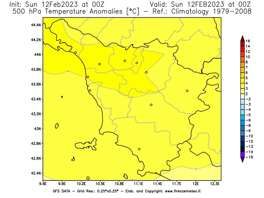 Mappa di analisi GFS - Anomalia Temperatura [°C] a 500 hPa in Toscana
							del 12/02/2023 00 <!--googleoff: index-->UTC<!--googleon: index-->
