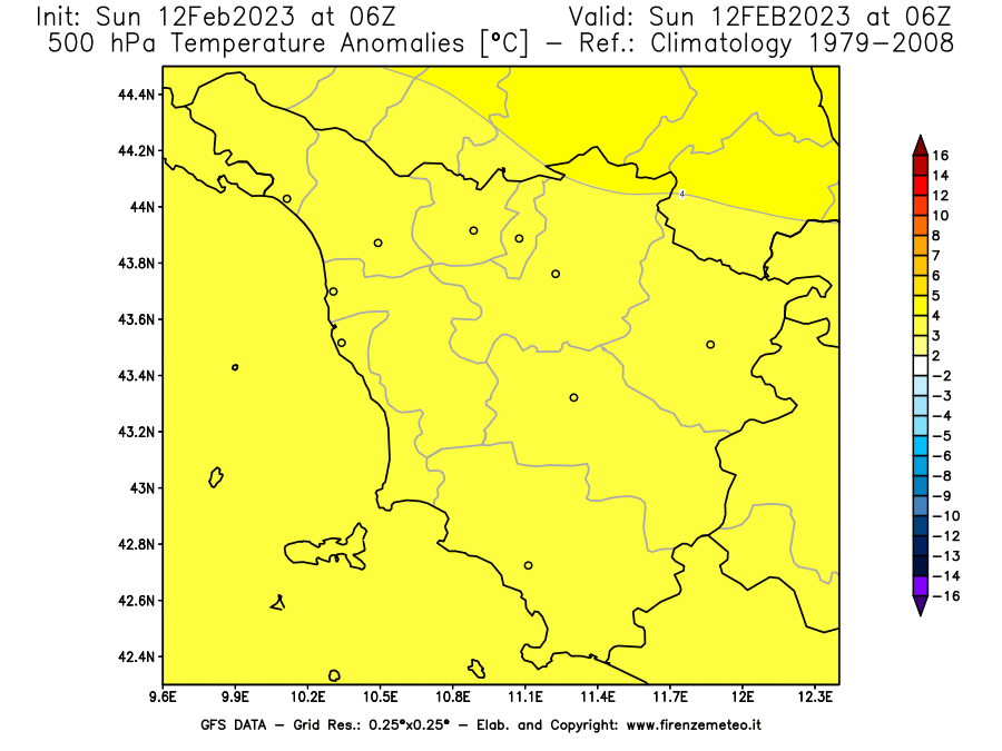 Mappa di analisi GFS - Anomalia Temperatura [°C] a 500 hPa in Toscana
							del 12/02/2023 06 <!--googleoff: index-->UTC<!--googleon: index-->