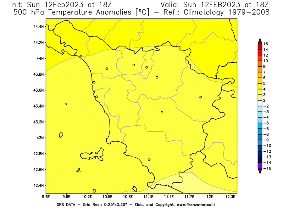 Mappa di analisi GFS - Anomalia Temperatura [°C] a 500 hPa in Toscana
							del 12/02/2023 18 <!--googleoff: index-->UTC<!--googleon: index-->