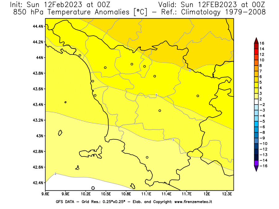 Mappa di analisi GFS - Anomalia Temperatura [°C] a 850 hPa in Toscana
							del 12/02/2023 00 <!--googleoff: index-->UTC<!--googleon: index-->