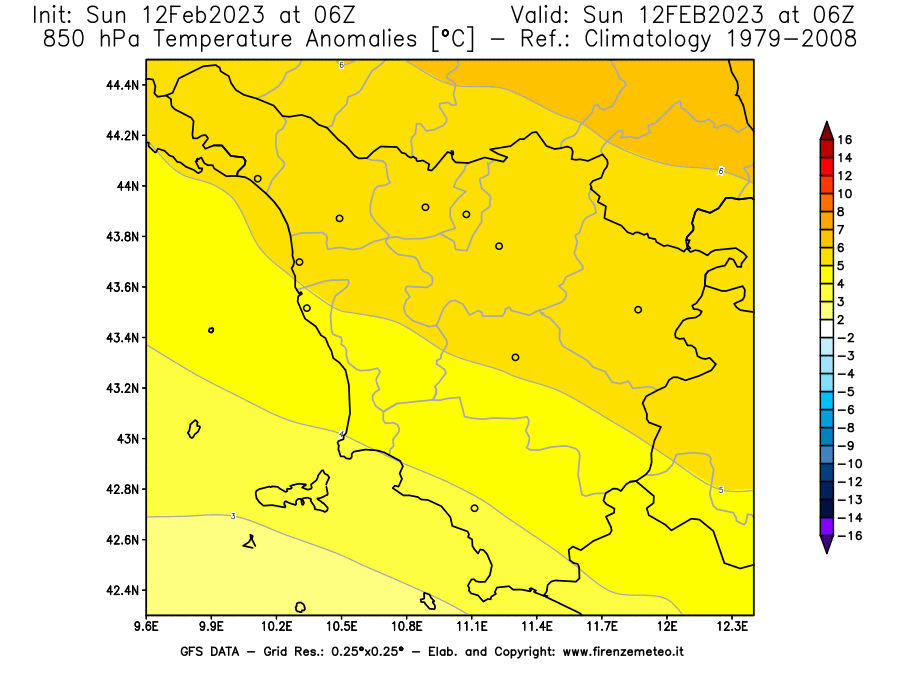Mappa di analisi GFS - Anomalia Temperatura [°C] a 850 hPa in Toscana
							del 12/02/2023 06 <!--googleoff: index-->UTC<!--googleon: index-->