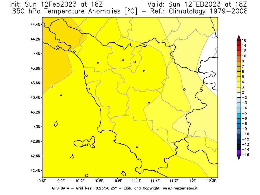 Mappa di analisi GFS - Anomalia Temperatura [°C] a 850 hPa in Toscana
							del 12/02/2023 18 <!--googleoff: index-->UTC<!--googleon: index-->