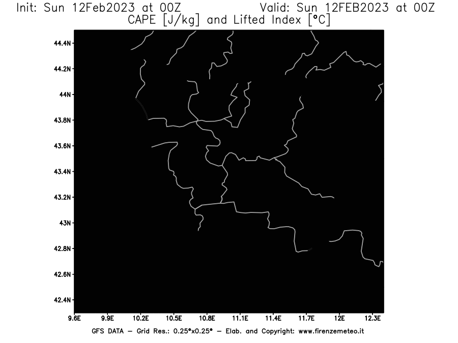 Mappa di analisi GFS - CAPE [J/kg] e Lifted Index [°C] in Toscana
							del 12/02/2023 00 <!--googleoff: index-->UTC<!--googleon: index-->