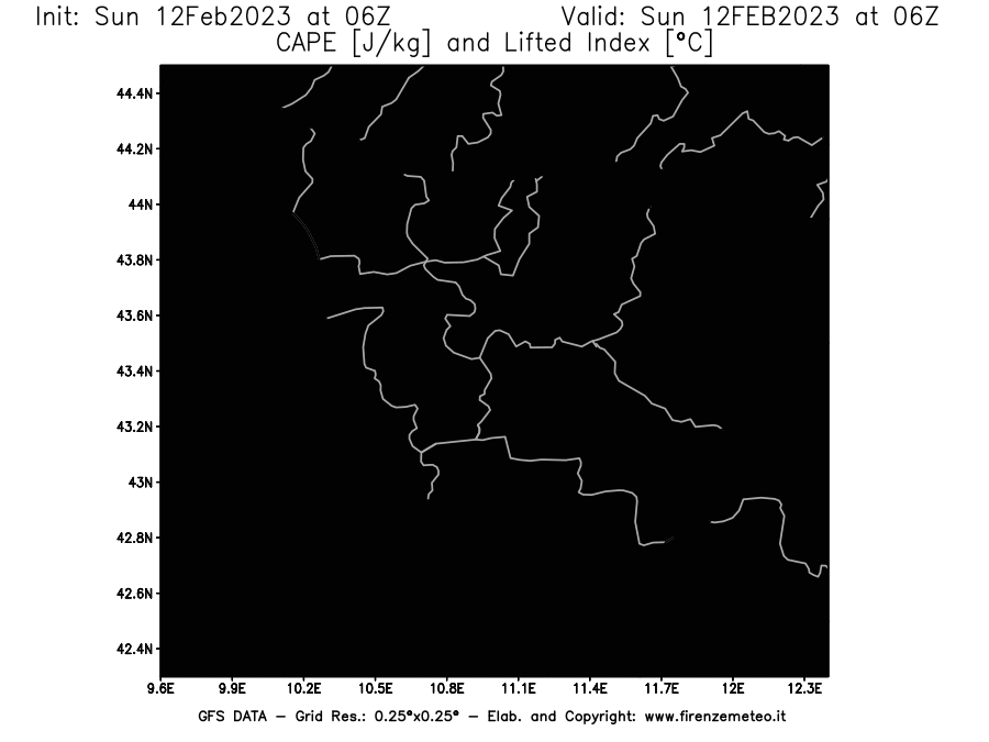 Mappa di analisi GFS - CAPE [J/kg] e Lifted Index [°C] in Toscana
							del 12/02/2023 06 <!--googleoff: index-->UTC<!--googleon: index-->