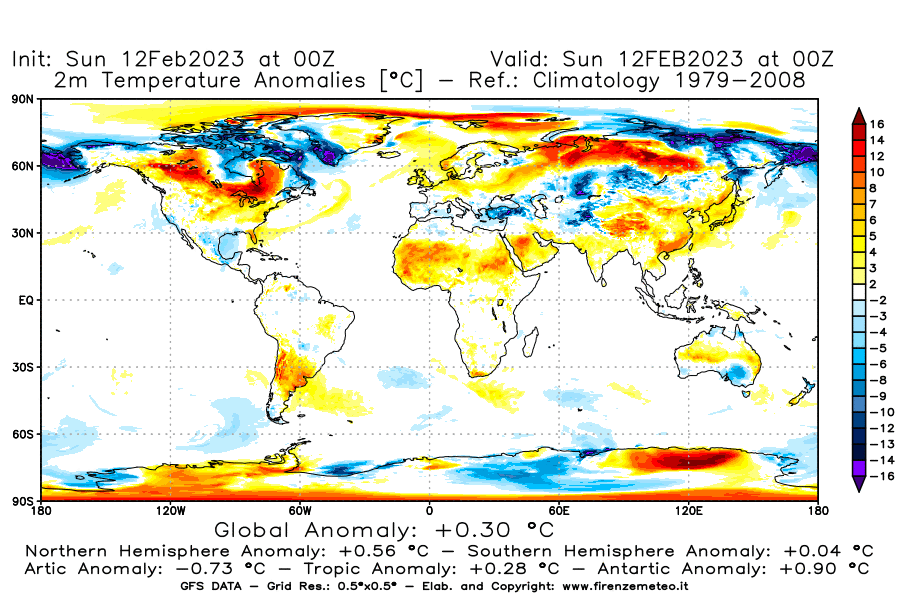 Mappa di analisi GFS - Anomalia Temperatura [°C] a 2 m in World
							del 12/02/2023 00 <!--googleoff: index-->UTC<!--googleon: index-->