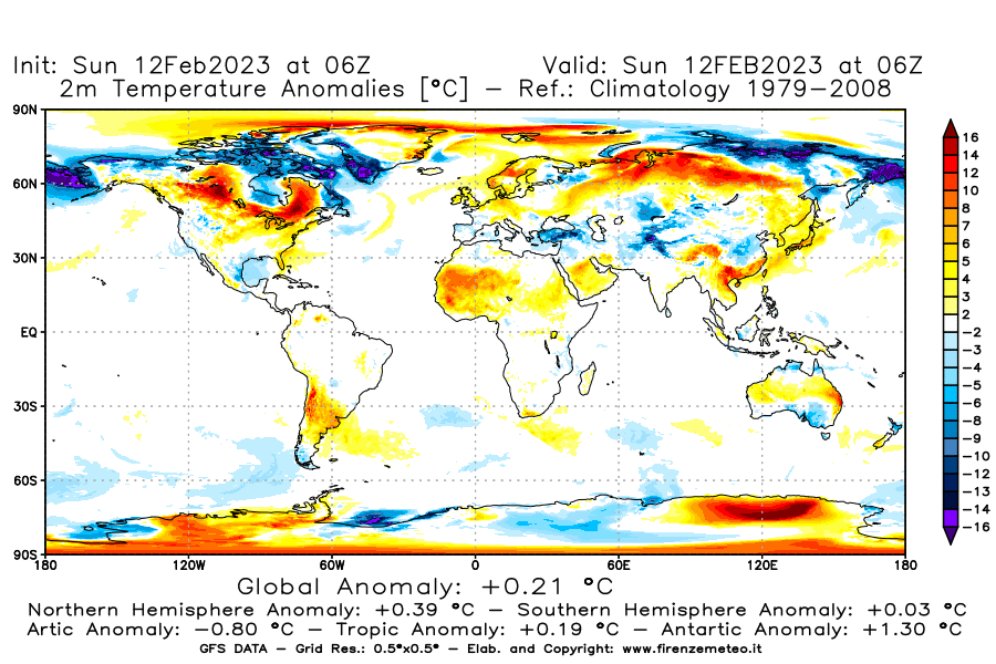 Mappa di analisi GFS - Anomalia Temperatura [°C] a 2 m in World
							del 12/02/2023 06 <!--googleoff: index-->UTC<!--googleon: index-->