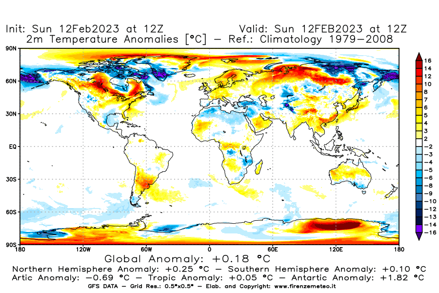 Mappa di analisi GFS - Anomalia Temperatura [°C] a 2 m in World
							del 12/02/2023 12 <!--googleoff: index-->UTC<!--googleon: index-->