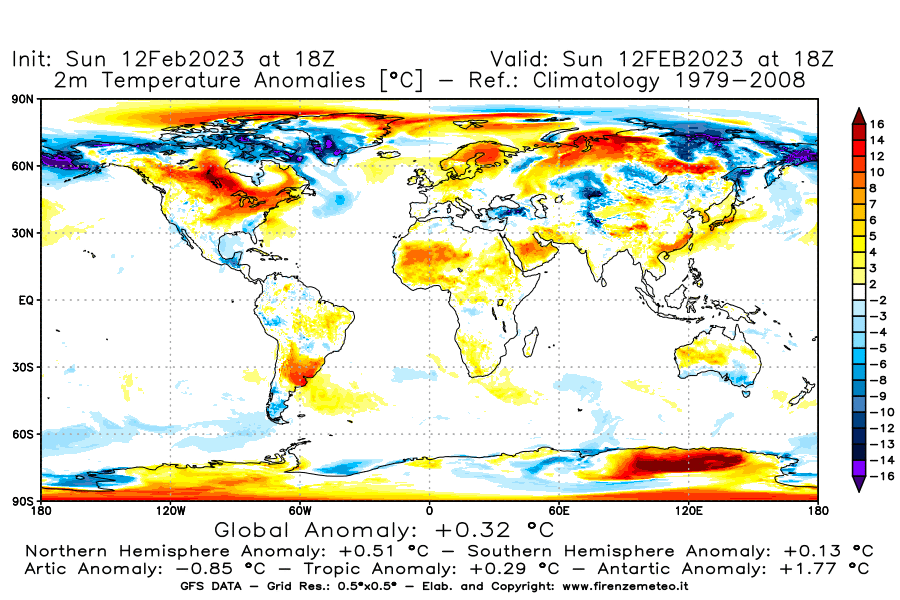 Mappa di analisi GFS - Anomalia Temperatura [°C] a 2 m in World
							del 12/02/2023 18 <!--googleoff: index-->UTC<!--googleon: index-->