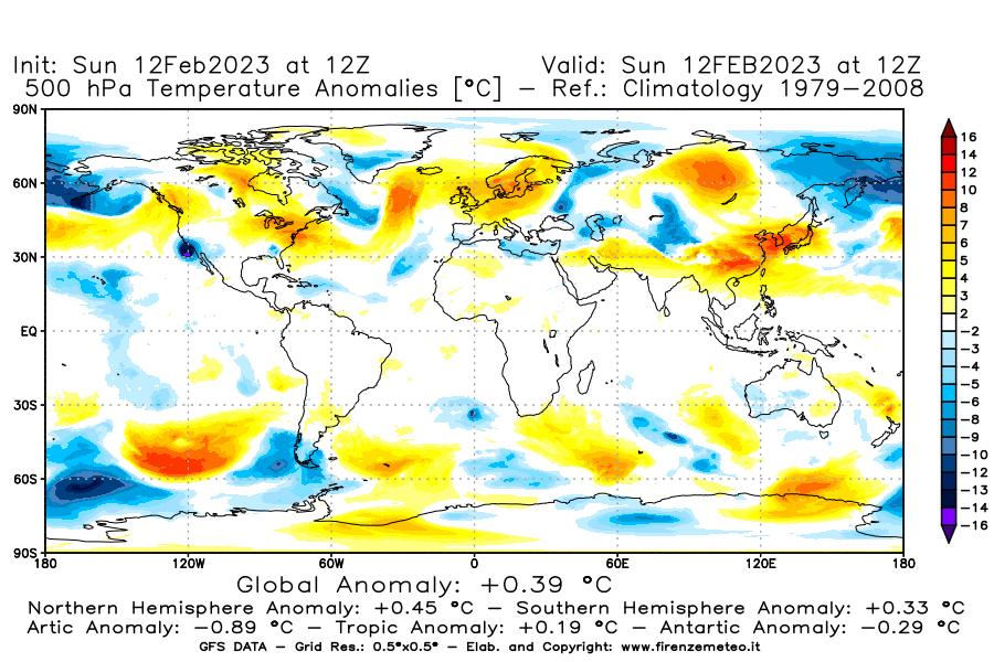 Mappa di analisi GFS - Anomalia Temperatura [°C] a 500 hPa in World
							del 12/02/2023 12 <!--googleoff: index-->UTC<!--googleon: index-->