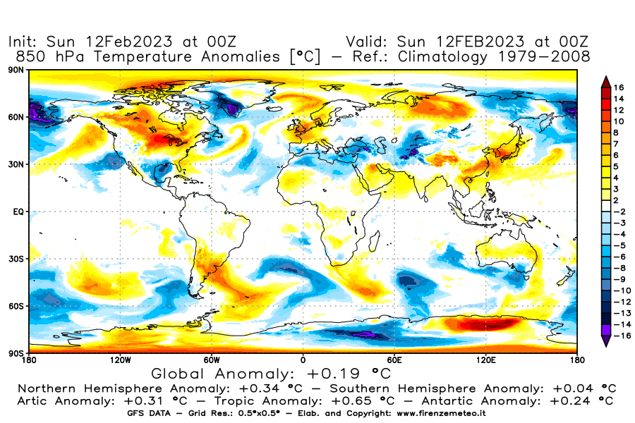 Mappa di analisi GFS - Anomalia Temperatura [°C] a 850 hPa in World
							del 12/02/2023 00 <!--googleoff: index-->UTC<!--googleon: index-->