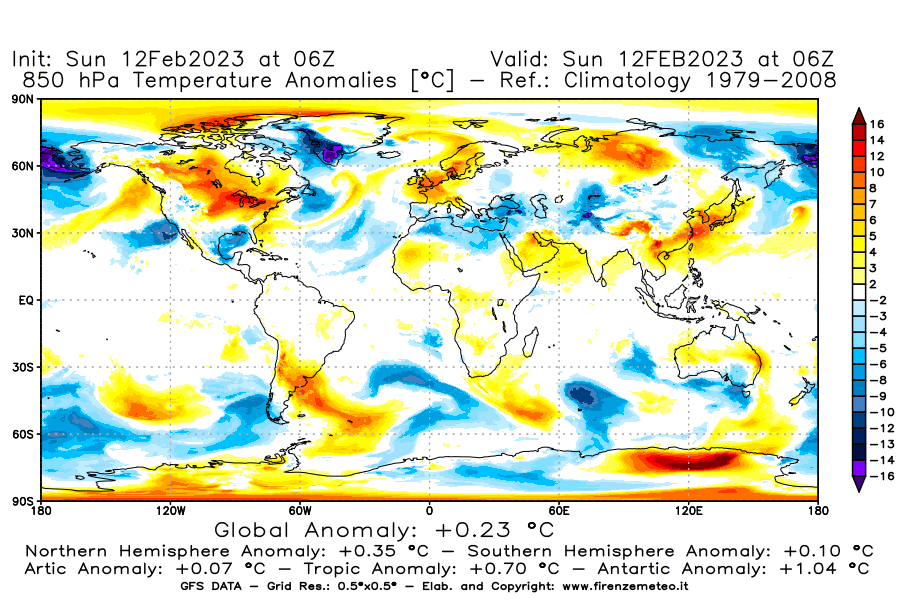 Mappa di analisi GFS - Anomalia Temperatura [°C] a 850 hPa in World
							del 12/02/2023 06 <!--googleoff: index-->UTC<!--googleon: index-->