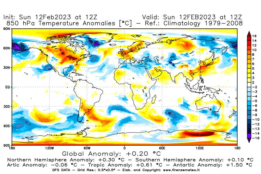 Mappa di analisi GFS - Anomalia Temperatura [°C] a 850 hPa in World
							del 12/02/2023 12 <!--googleoff: index-->UTC<!--googleon: index-->