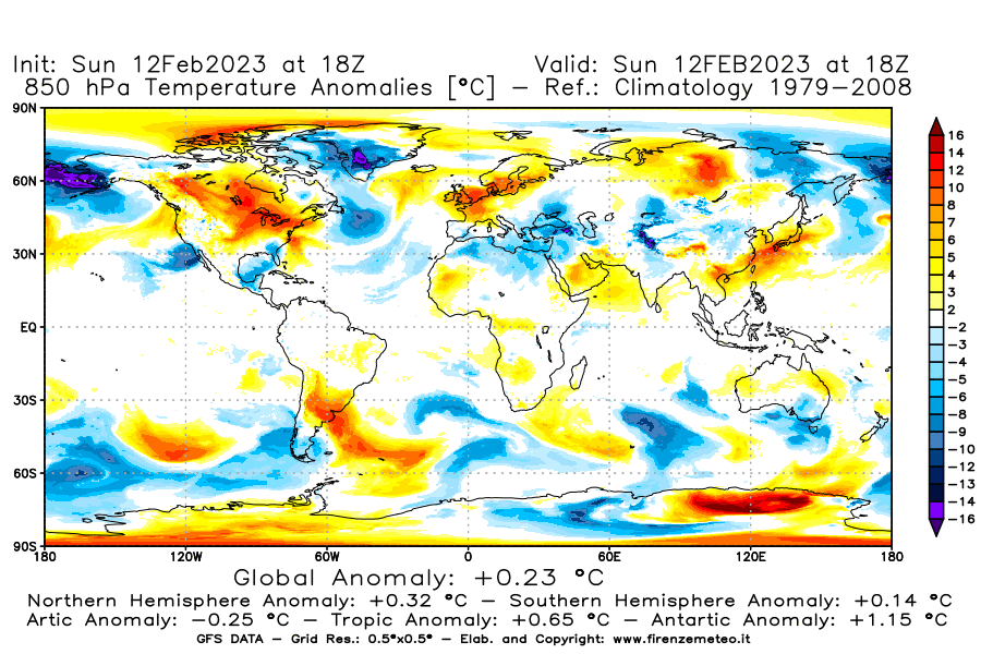 Mappa di analisi GFS - Anomalia Temperatura [°C] a 850 hPa in World
							del 12/02/2023 18 <!--googleoff: index-->UTC<!--googleon: index-->