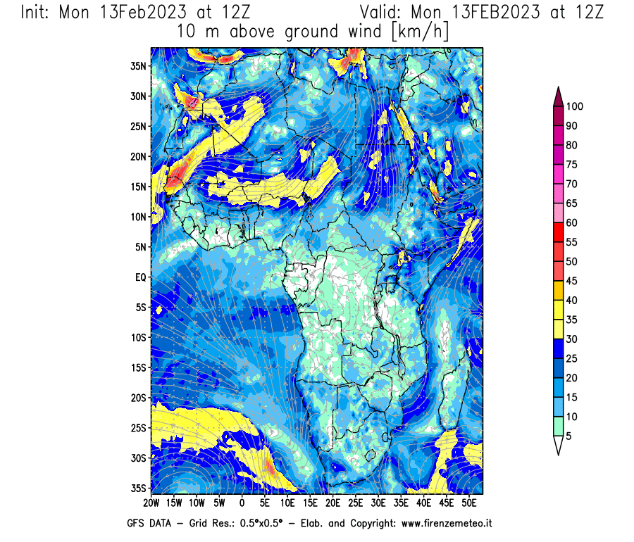 Mappa di analisi GFS - Velocità del vento a 10 metri dal suolo [km/h] in Africa
							del 13/02/2023 12 <!--googleoff: index-->UTC<!--googleon: index-->