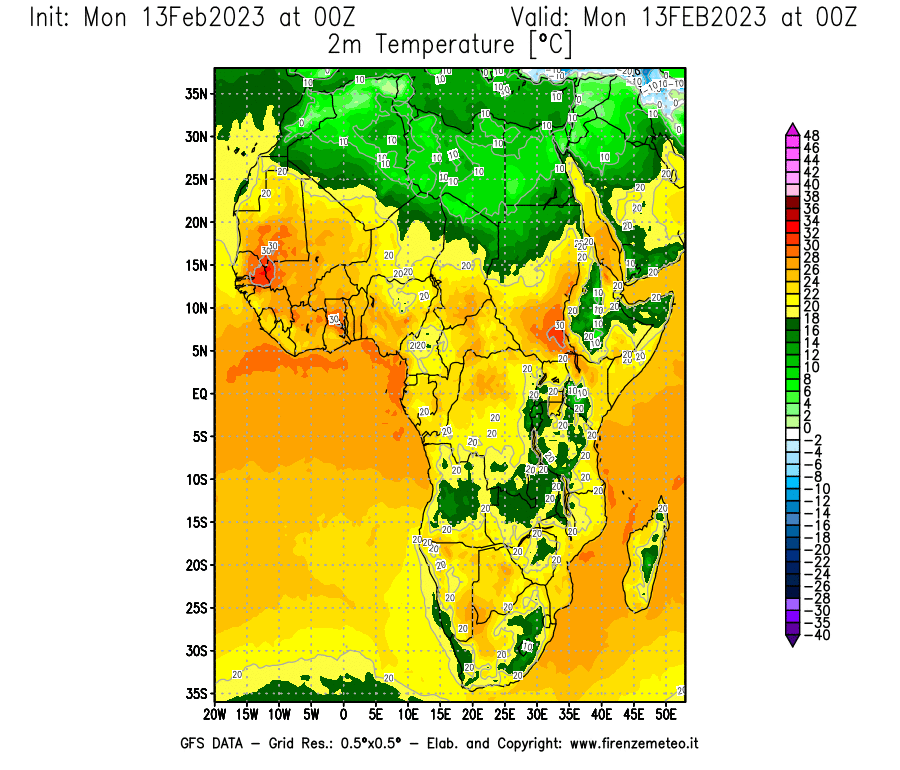 Mappa di analisi GFS - Temperatura a 2 metri dal suolo [°C] in Africa
							del 13/02/2023 00 <!--googleoff: index-->UTC<!--googleon: index-->
