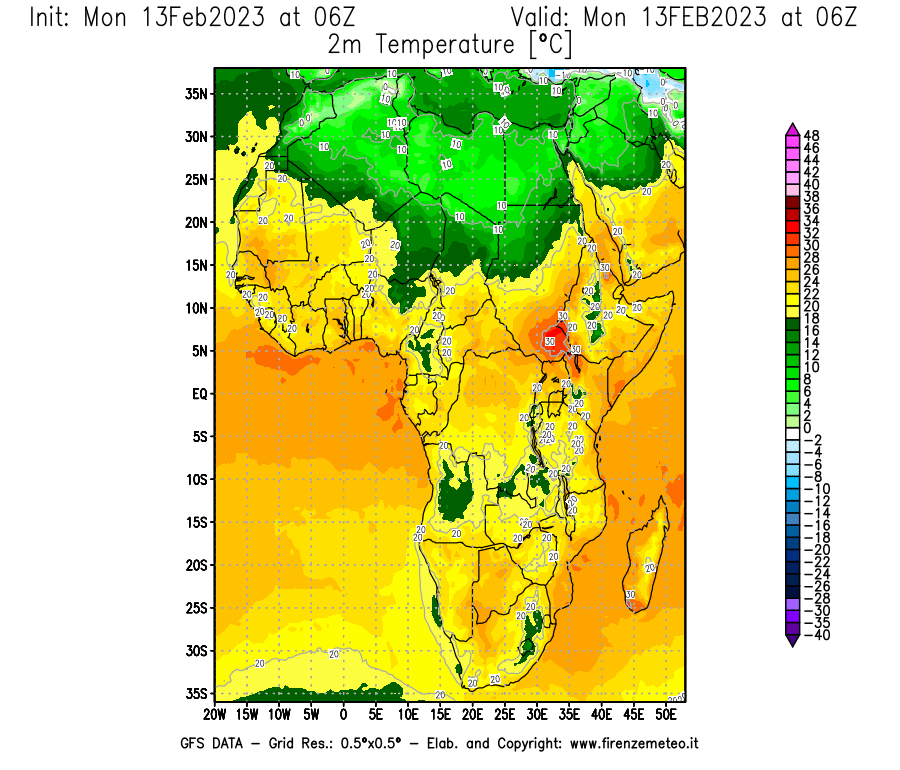 Mappa di analisi GFS - Temperatura a 2 metri dal suolo [°C] in Africa
							del 13/02/2023 06 <!--googleoff: index-->UTC<!--googleon: index-->