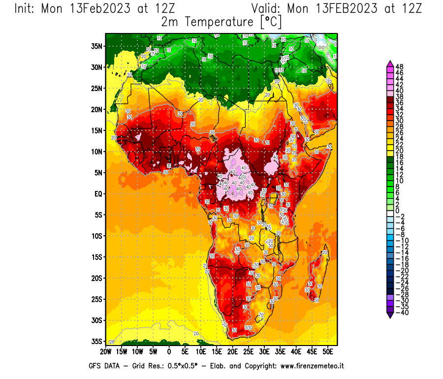 Mappa di analisi GFS - Temperatura a 2 metri dal suolo [°C] in Africa
							del 13/02/2023 12 <!--googleoff: index-->UTC<!--googleon: index-->
