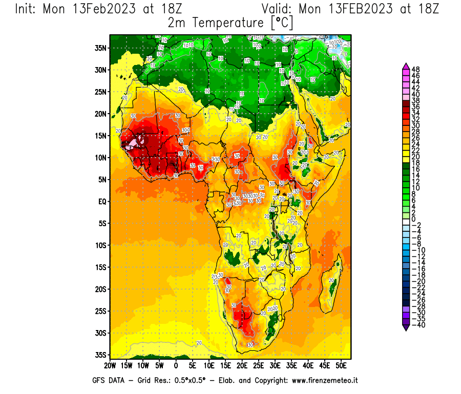 Mappa di analisi GFS - Temperatura a 2 metri dal suolo [°C] in Africa
							del 13/02/2023 18 <!--googleoff: index-->UTC<!--googleon: index-->