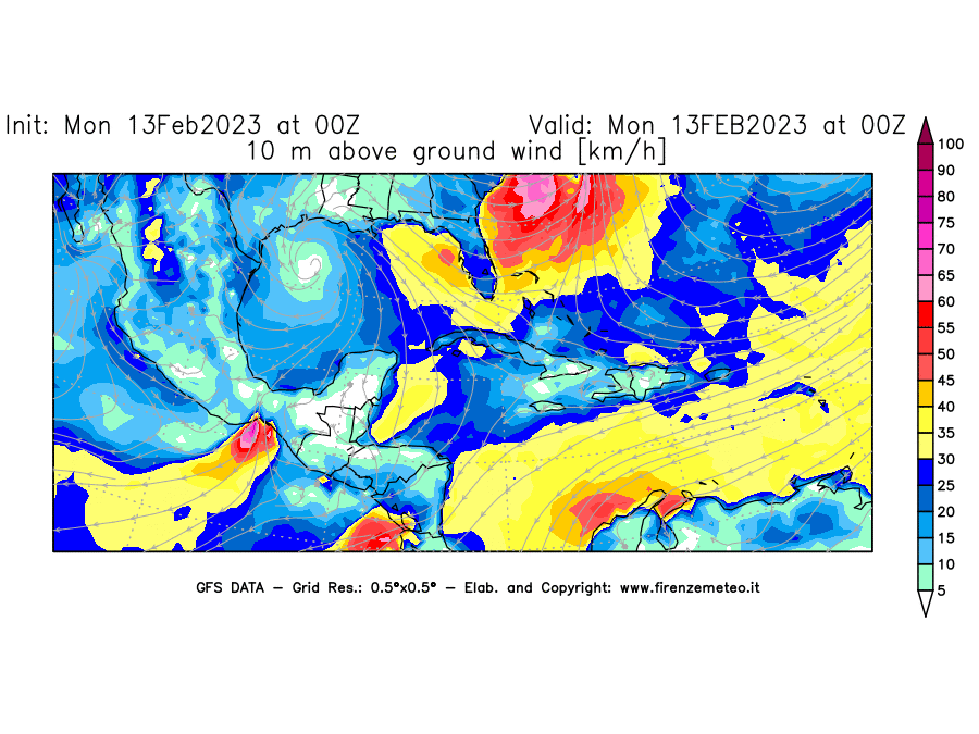 Mappa di analisi GFS - Velocità del vento a 10 metri dal suolo [km/h] in Centro-America
							del 13/02/2023 00 <!--googleoff: index-->UTC<!--googleon: index-->