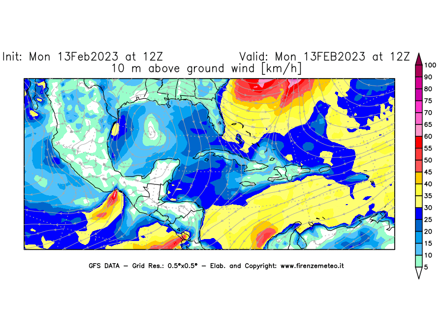 Mappa di analisi GFS - Velocità del vento a 10 metri dal suolo [km/h] in Centro-America
							del 13/02/2023 12 <!--googleoff: index-->UTC<!--googleon: index-->