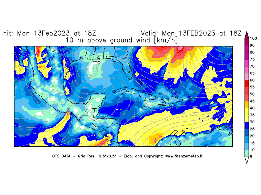 Mappa di analisi GFS - Velocità del vento a 10 metri dal suolo [km/h] in Centro-America
							del 13/02/2023 18 <!--googleoff: index-->UTC<!--googleon: index-->