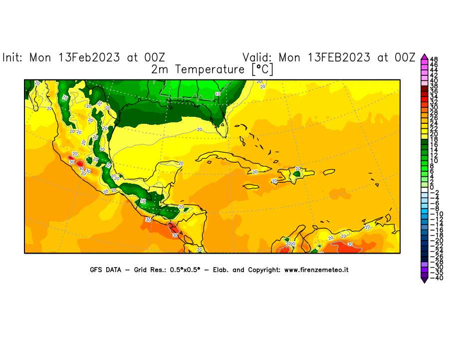 Mappa di analisi GFS - Temperatura a 2 metri dal suolo [°C] in Centro-America
							del 13/02/2023 00 <!--googleoff: index-->UTC<!--googleon: index-->