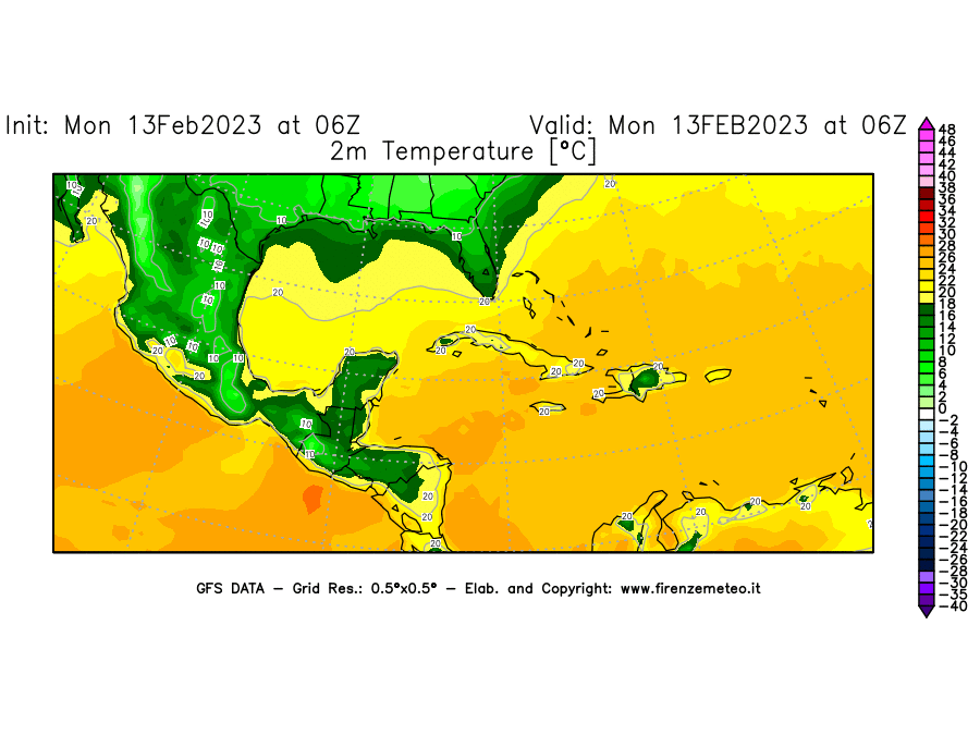Mappa di analisi GFS - Temperatura a 2 metri dal suolo [°C] in Centro-America
							del 13/02/2023 06 <!--googleoff: index-->UTC<!--googleon: index-->