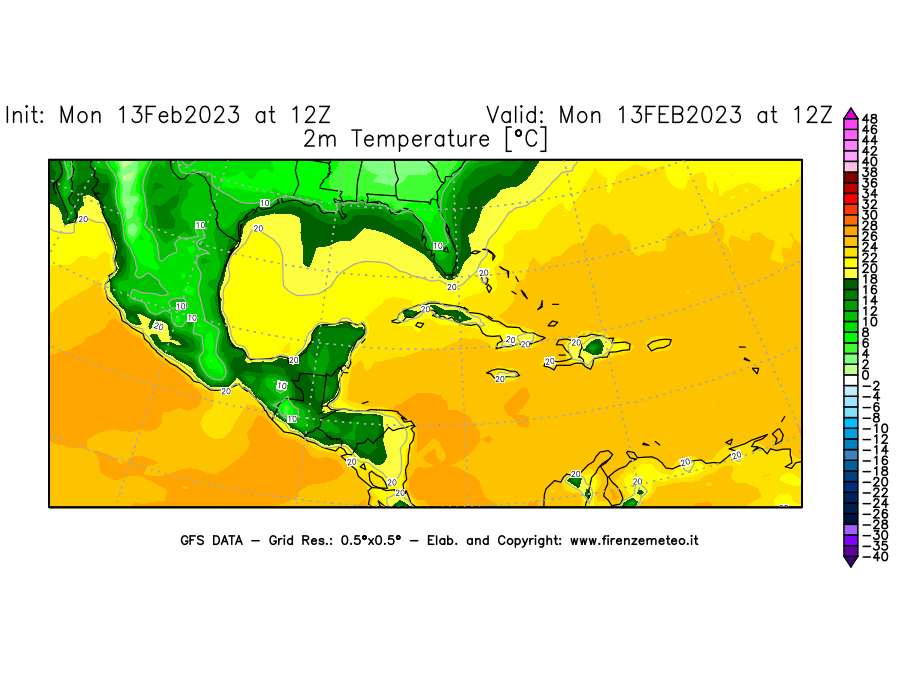 Mappa di analisi GFS - Temperatura a 2 metri dal suolo [°C] in Centro-America
							del 13/02/2023 12 <!--googleoff: index-->UTC<!--googleon: index-->