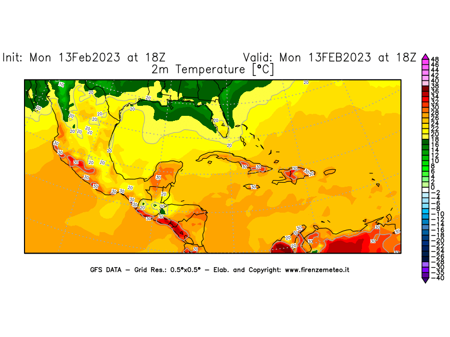 Mappa di analisi GFS - Temperatura a 2 metri dal suolo [°C] in Centro-America
							del 13/02/2023 18 <!--googleoff: index-->UTC<!--googleon: index-->