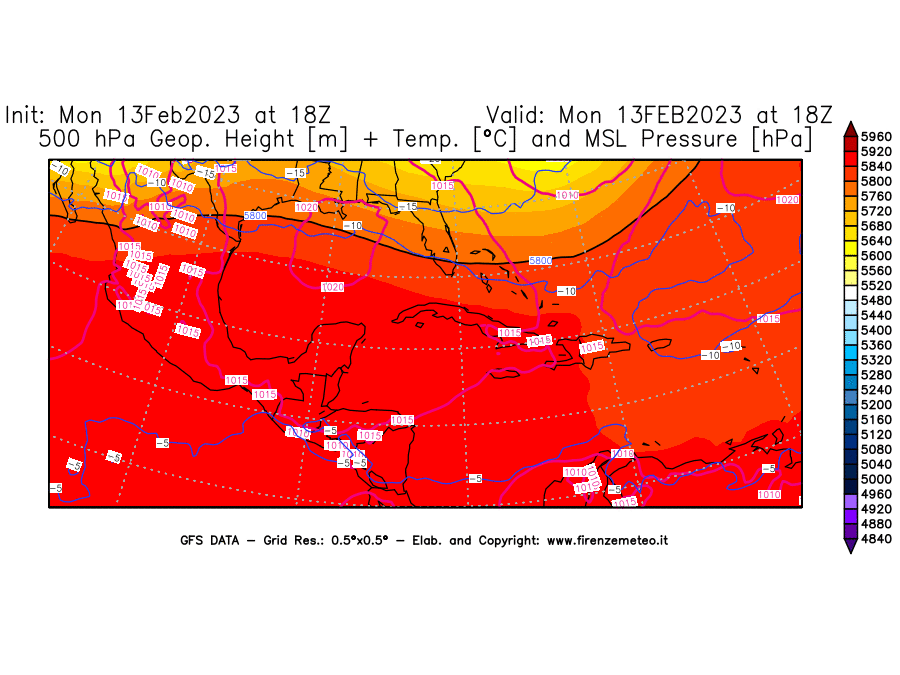 Mappa di analisi GFS - Geopotenziale [m] + Temp. [°C] a 500 hPa + Press. a livello del mare [hPa] in Centro-America
							del 13/02/2023 18 <!--googleoff: index-->UTC<!--googleon: index-->