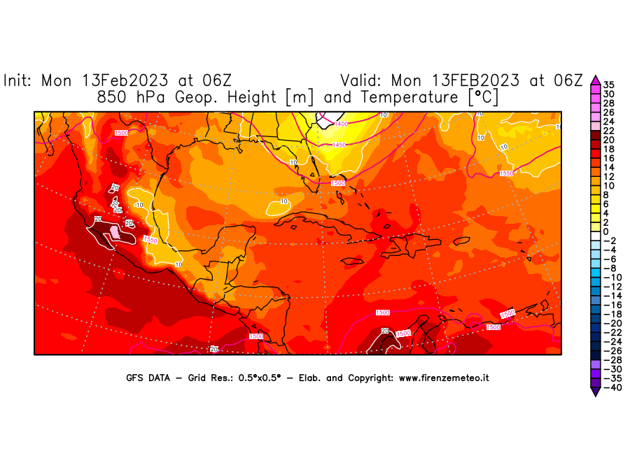 Mappa di analisi GFS - Geopotenziale [m] e Temperatura [°C] a 850 hPa in Centro-America
							del 13/02/2023 06 <!--googleoff: index-->UTC<!--googleon: index-->