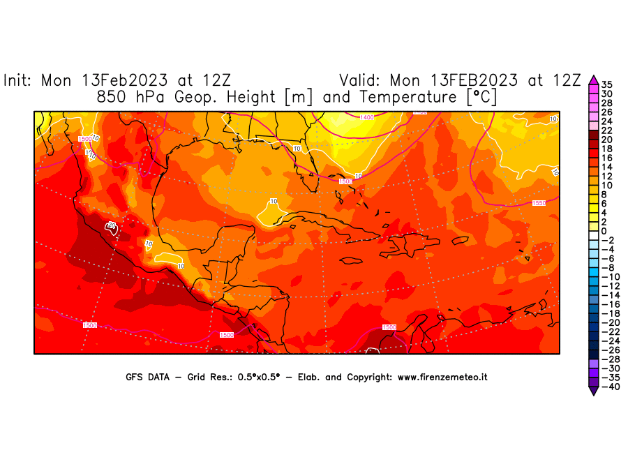 Mappa di analisi GFS - Geopotenziale [m] e Temperatura [°C] a 850 hPa in Centro-America
							del 13/02/2023 12 <!--googleoff: index-->UTC<!--googleon: index-->